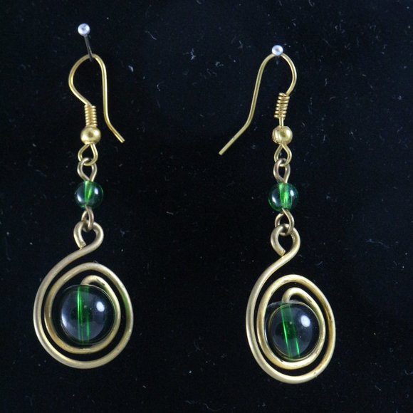 Vintage Jewelry - Handmade East African Brass Green Ceramic Beaded Drop Earrings Pair